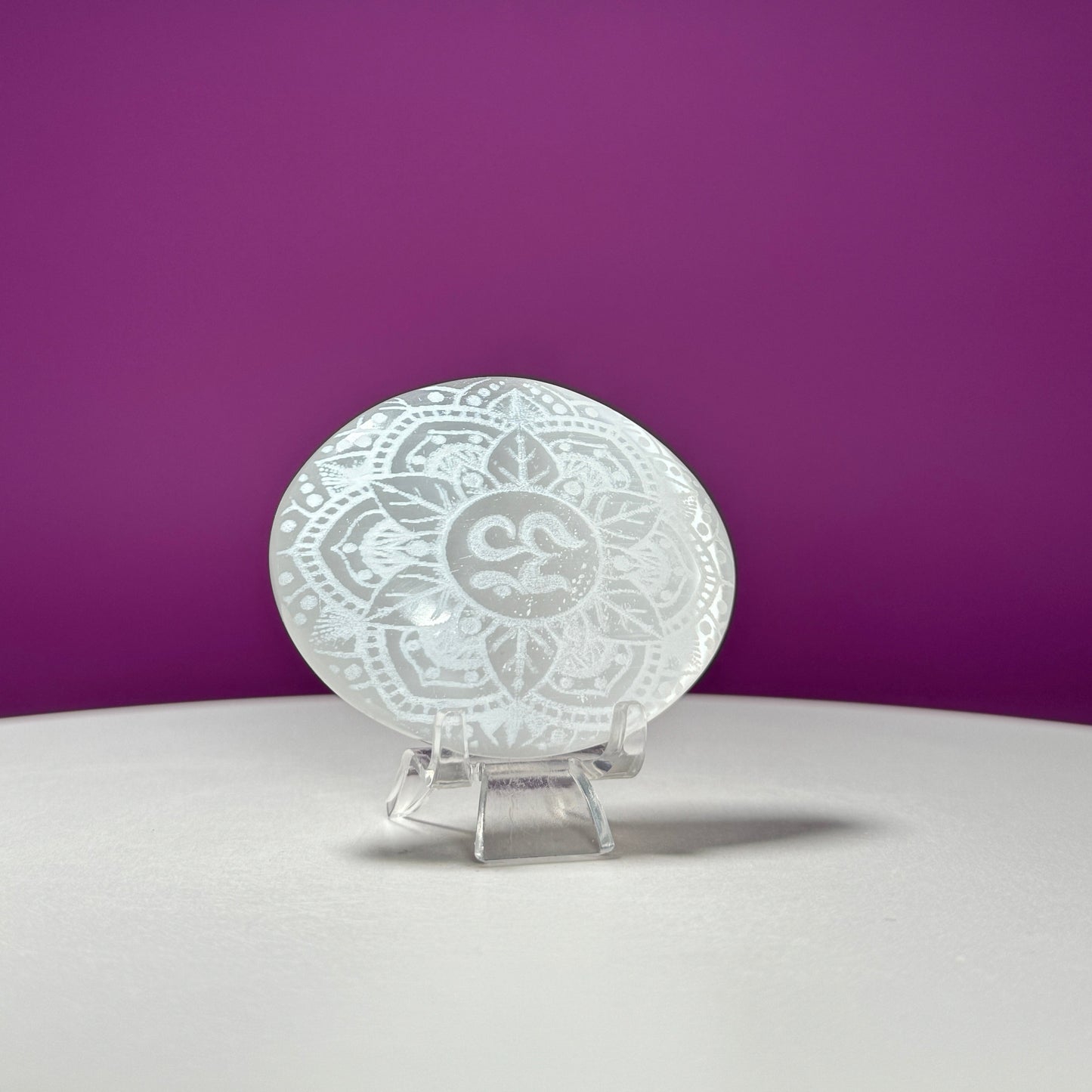 Satin Spar (AKA Selenite) Palm Stone, Etched Om Mandala Symbol