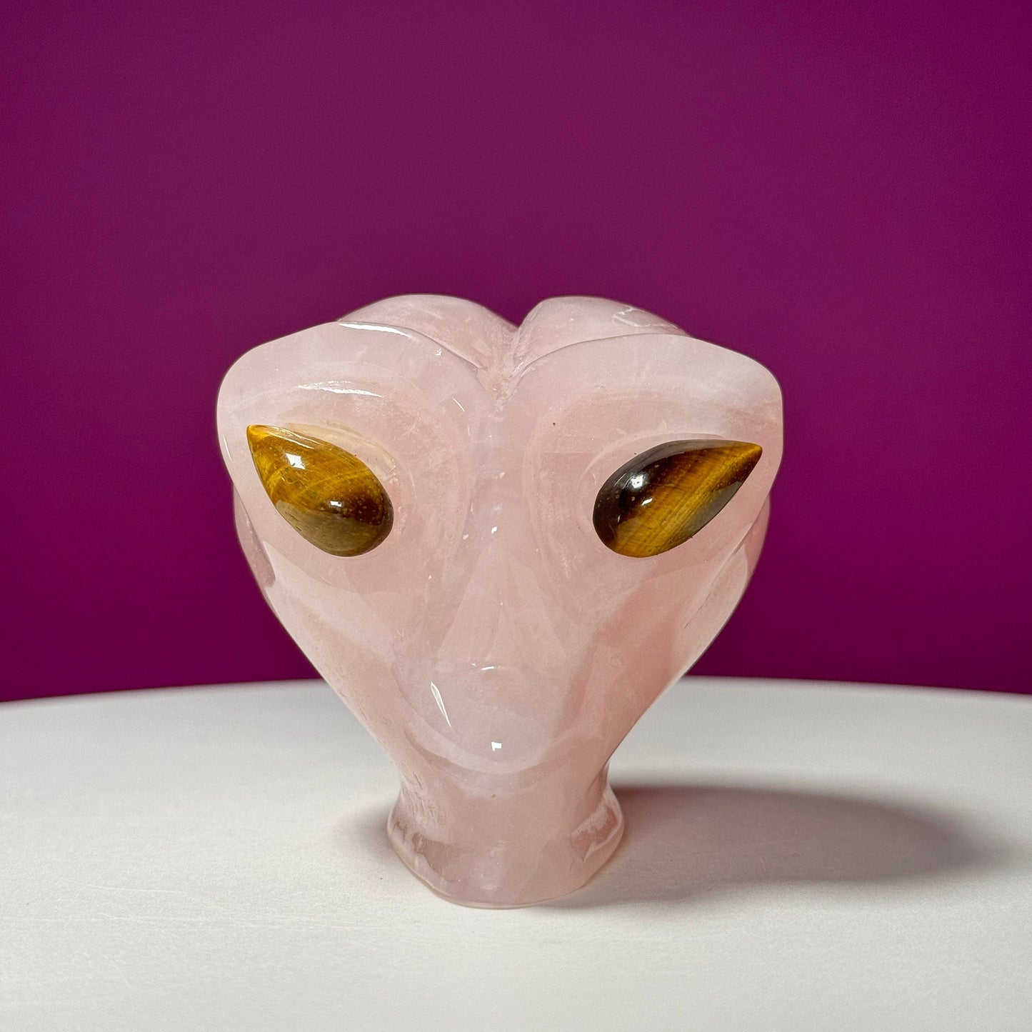 Rose Quartz Alien Head with Tiger Eyes Carving