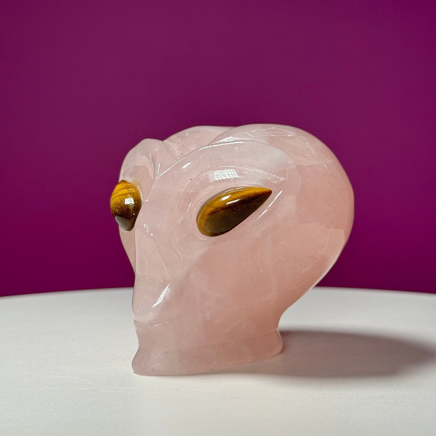 Rose Quartz Alien Head with Tiger Eyes Carving