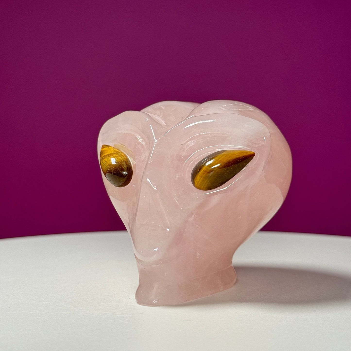 Rose Quartz Alien Head with Tiger Eyes Carving