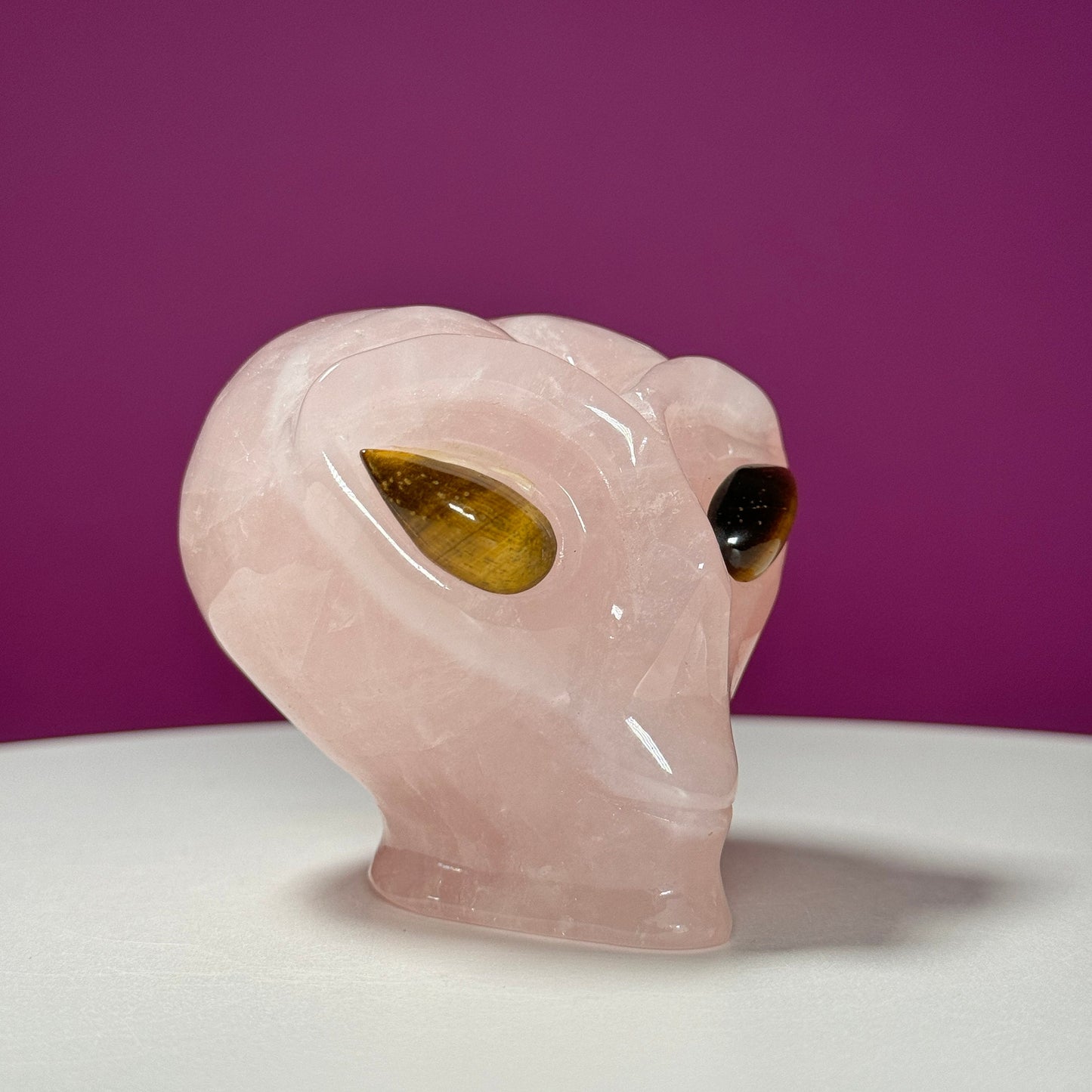 Rose Quartz Alien Head with Tiger Eyes Carving