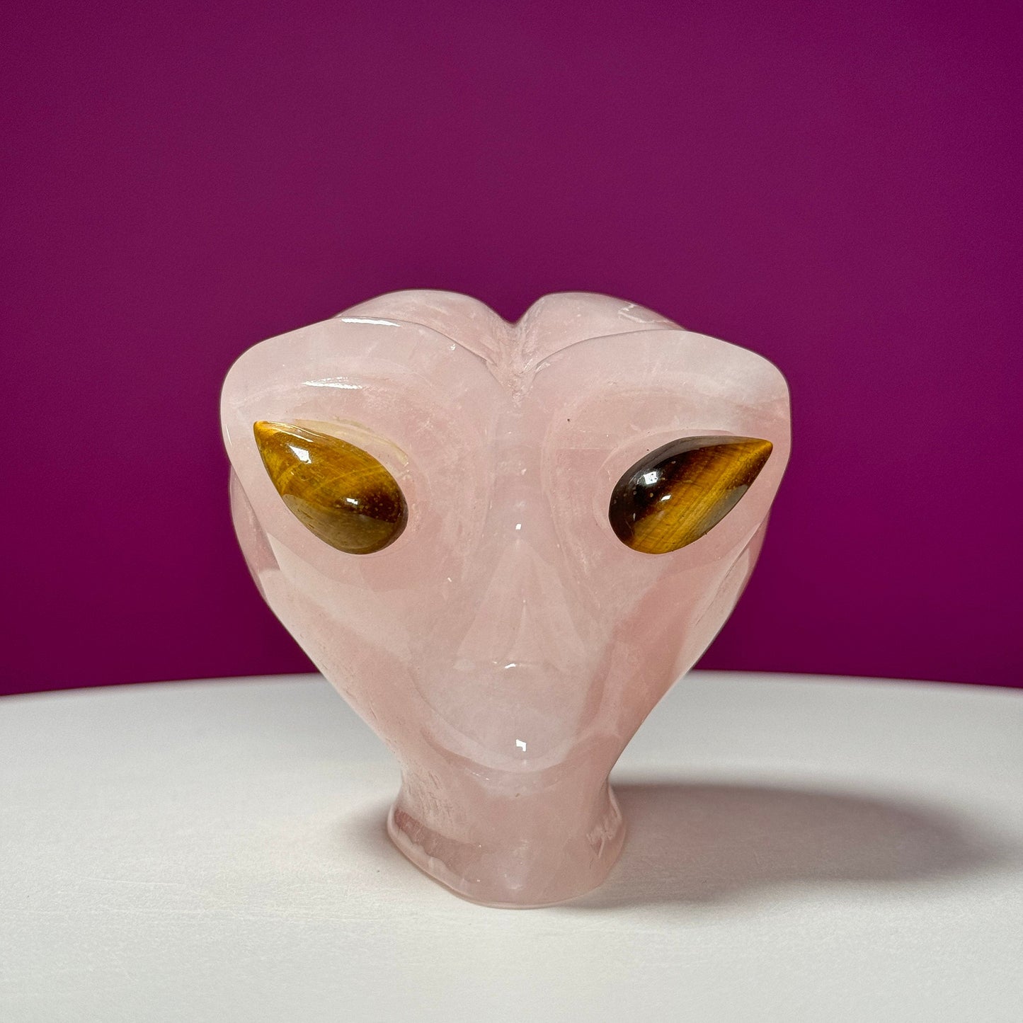 Rose Quartz Alien Head with Tiger Eyes Carving