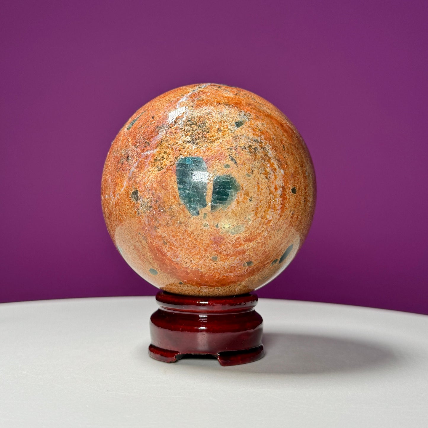 Orange Calcite and Blue Apatite Sphere (Brazil) (Includes Wood Stand)