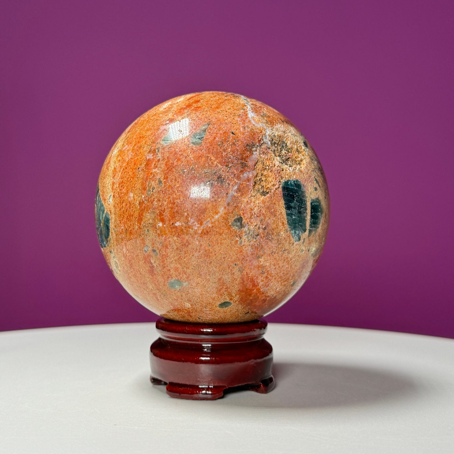 Orange Calcite and Blue Apatite Sphere (Brazil) (Includes Wood Stand)