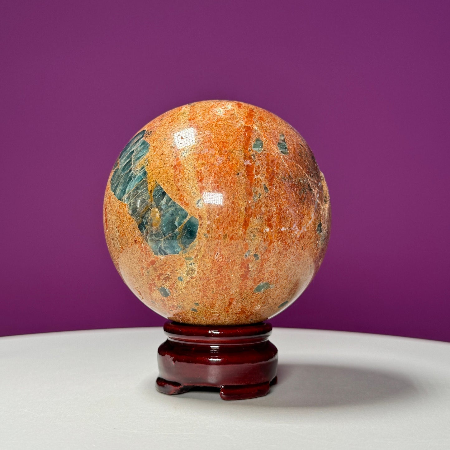 Orange Calcite and Blue Apatite Sphere (Brazil) (Includes Wood Stand)