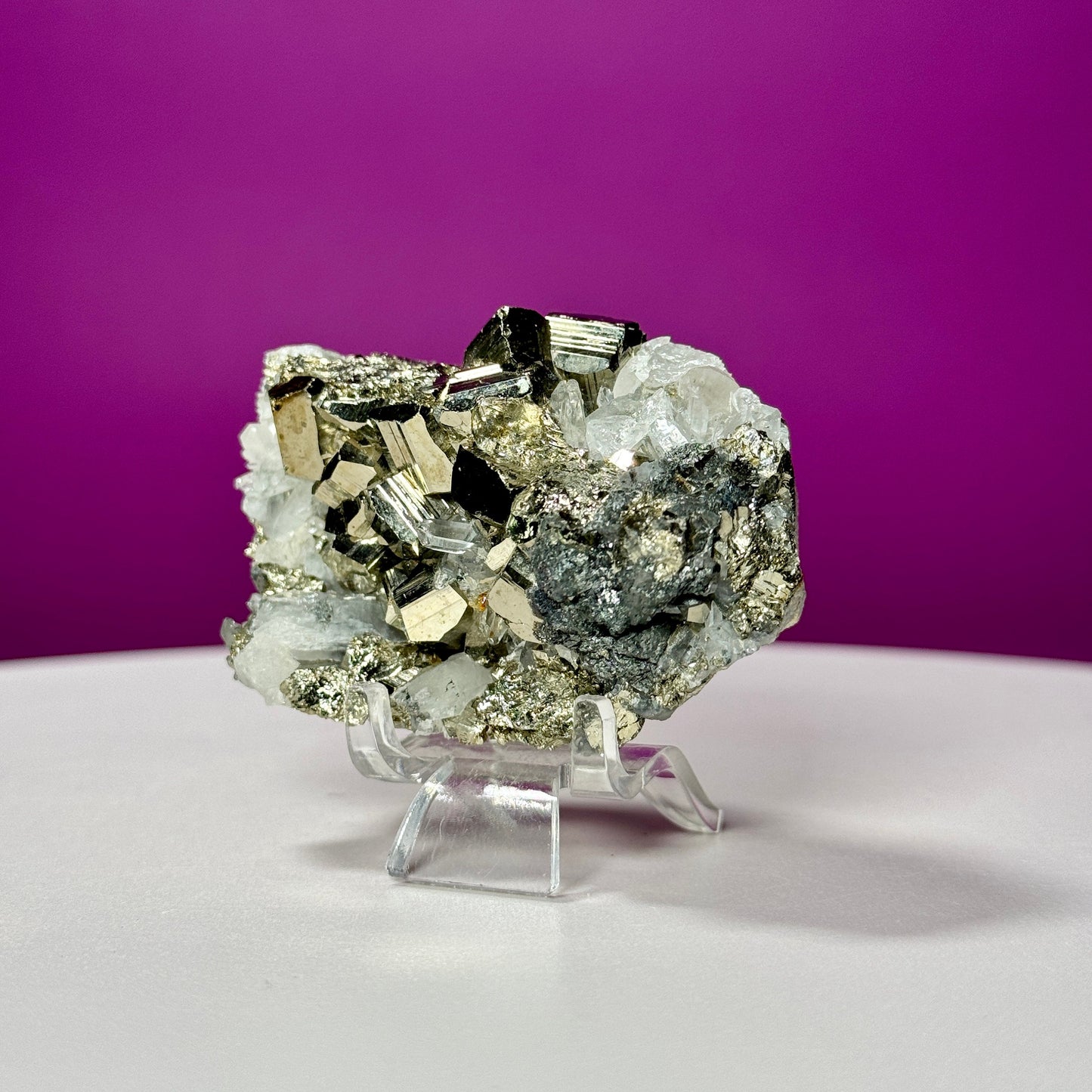 Chalcopyrite on Quartz Specimen (China) (Includes Acrylic Stand)