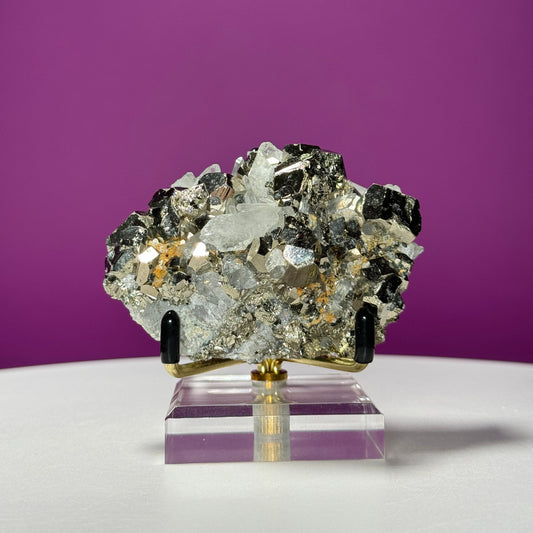 Chalcopyrite on Quartz Specimen (China) (Includes Metal/Acrylic Stand)