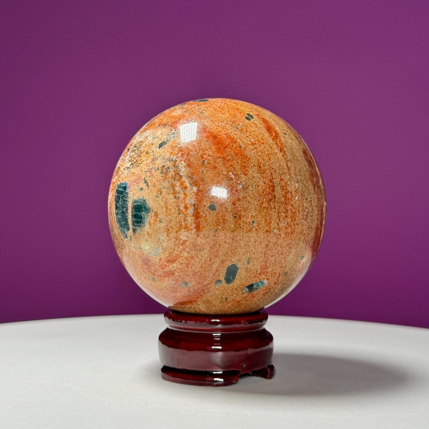 Orange Calcite and Blue Apatite Sphere (Brazil) (Includes Wood Stand)