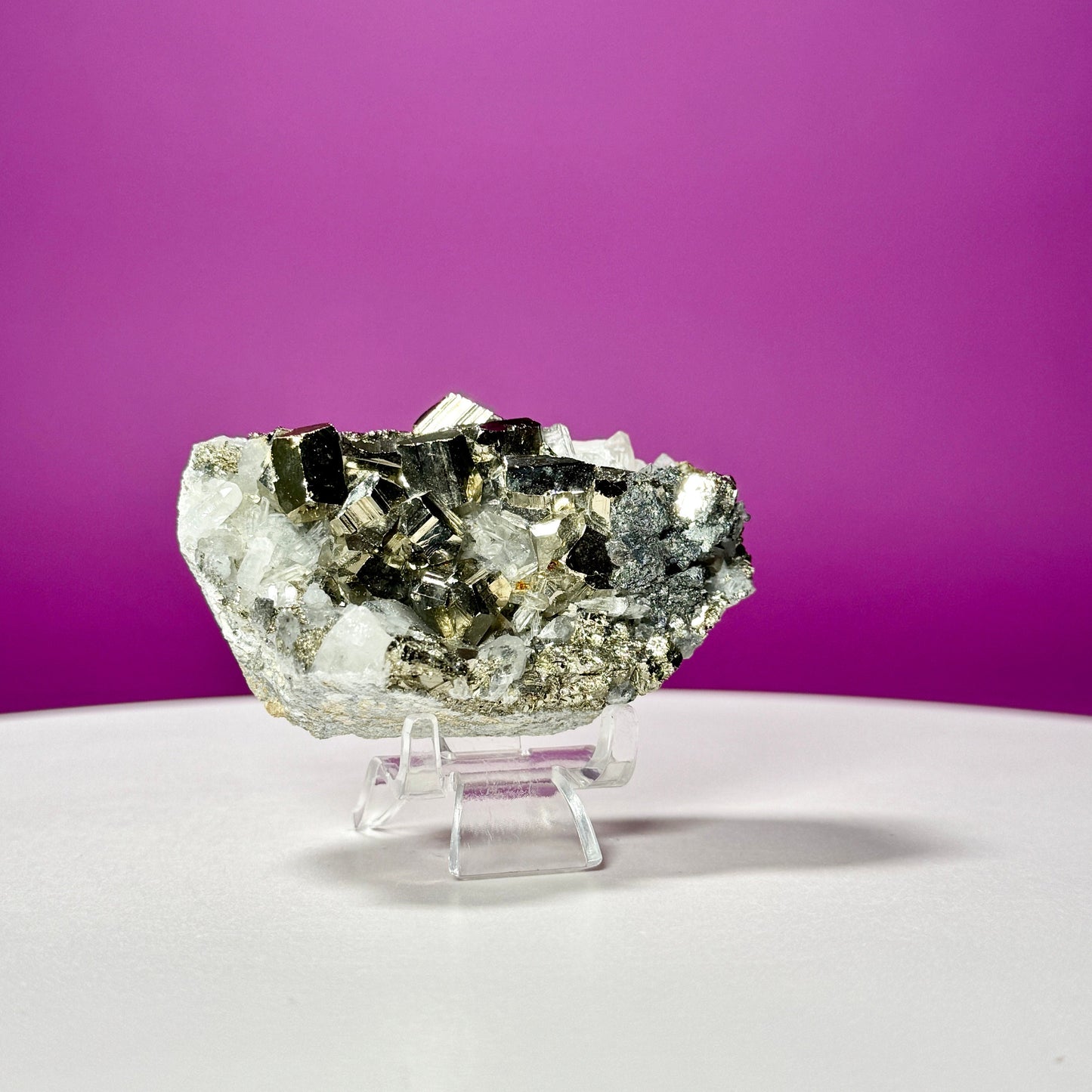 Chalcopyrite on Quartz Specimen (China) (Includes Acrylic Stand)