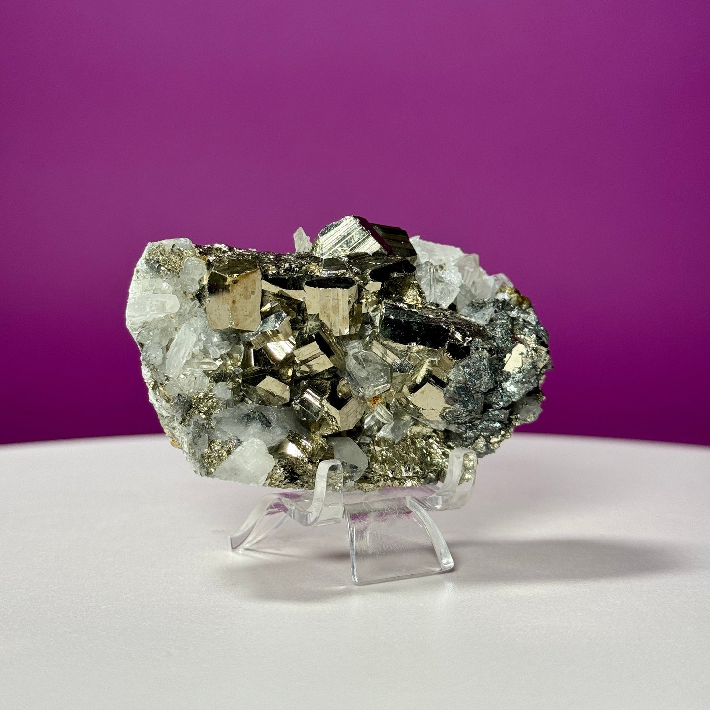 Chalcopyrite on Quartz Specimen (China) (Includes Acrylic Stand)