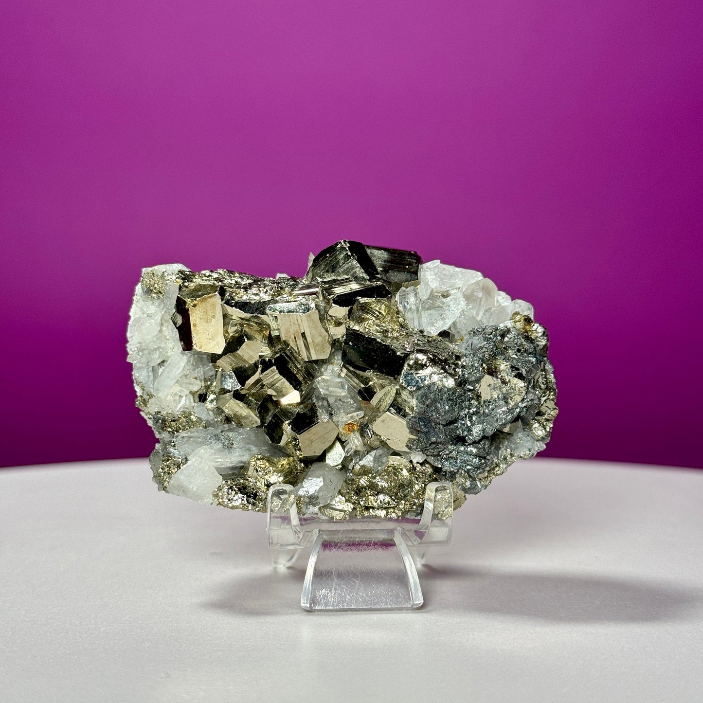 Chalcopyrite on Quartz Specimen (China) (Includes Acrylic Stand)