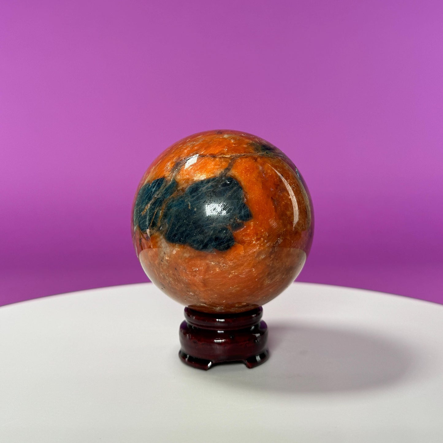 Orange Calcite and Blue Apatite Sphere (Brazil) (Includes Wood Stand)