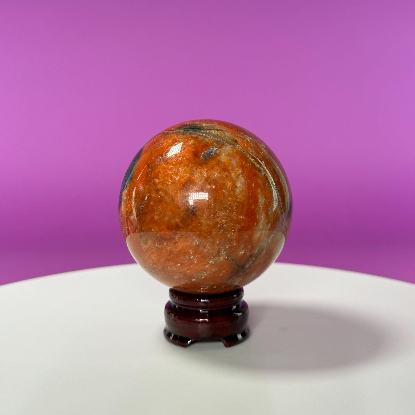 Orange Calcite and Blue Apatite Sphere (Brazil) (Includes Wood Stand)