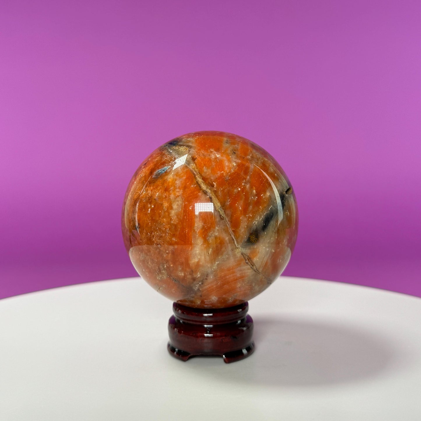 Orange Calcite and Blue Apatite Sphere (Brazil) (Includes Wood Stand)