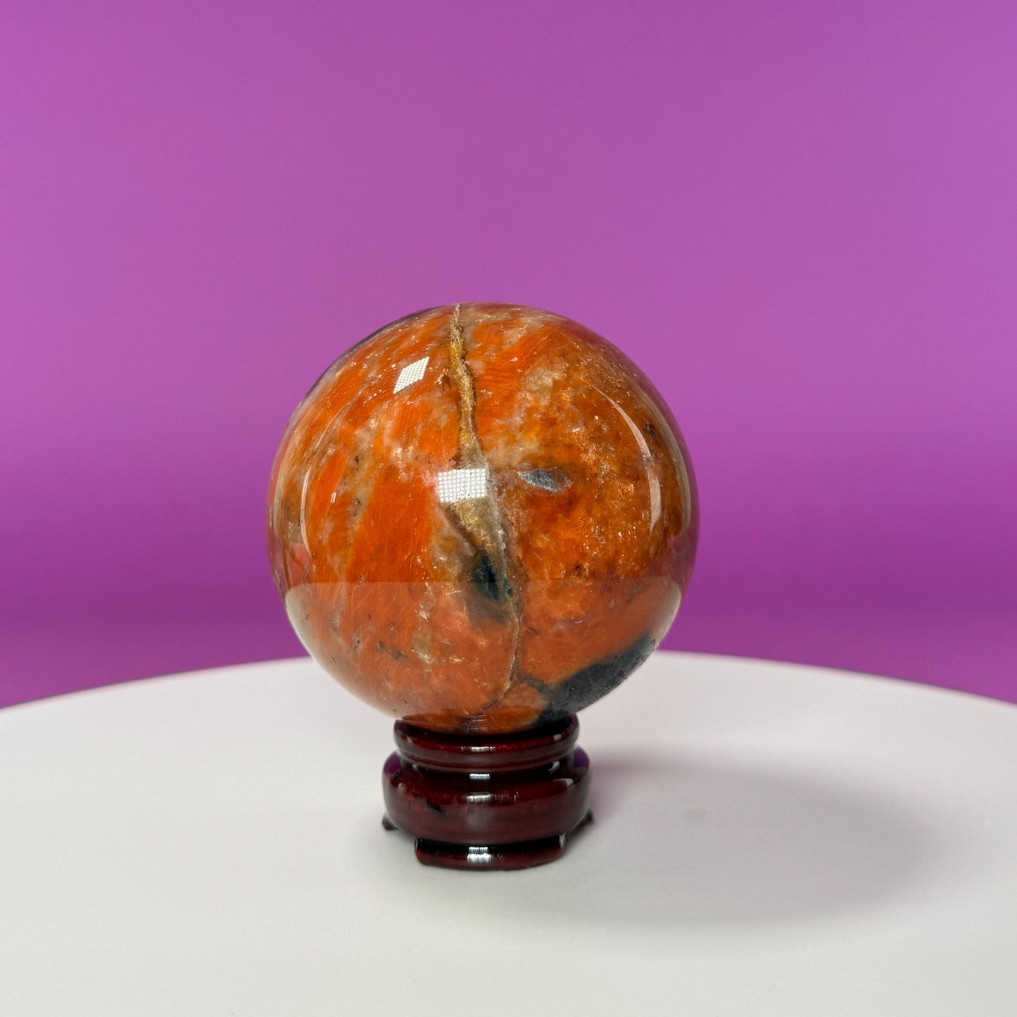 Orange Calcite and Blue Apatite Sphere (Brazil) (Includes Wood Stand)