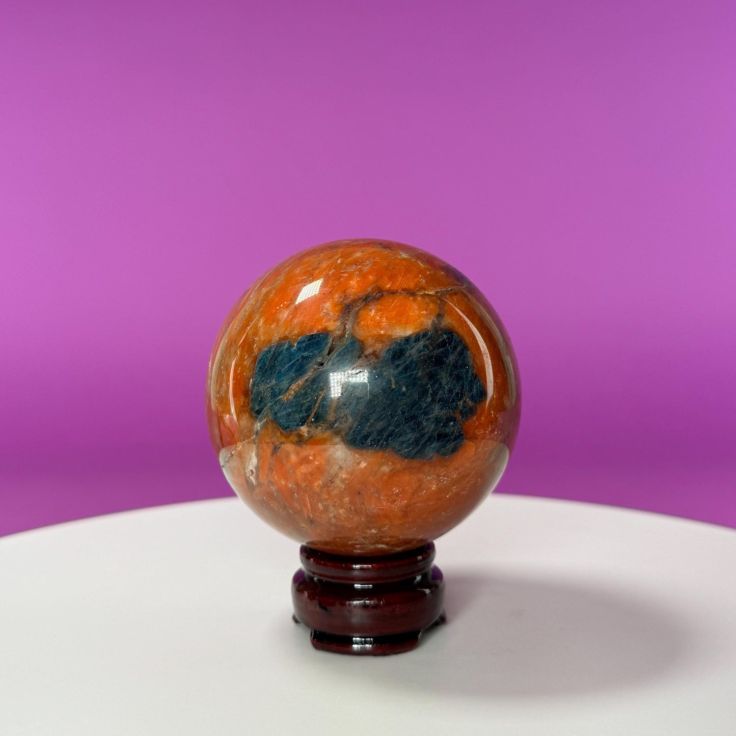 Orange Calcite and Blue Apatite Sphere (Brazil) (Includes Wood Stand)