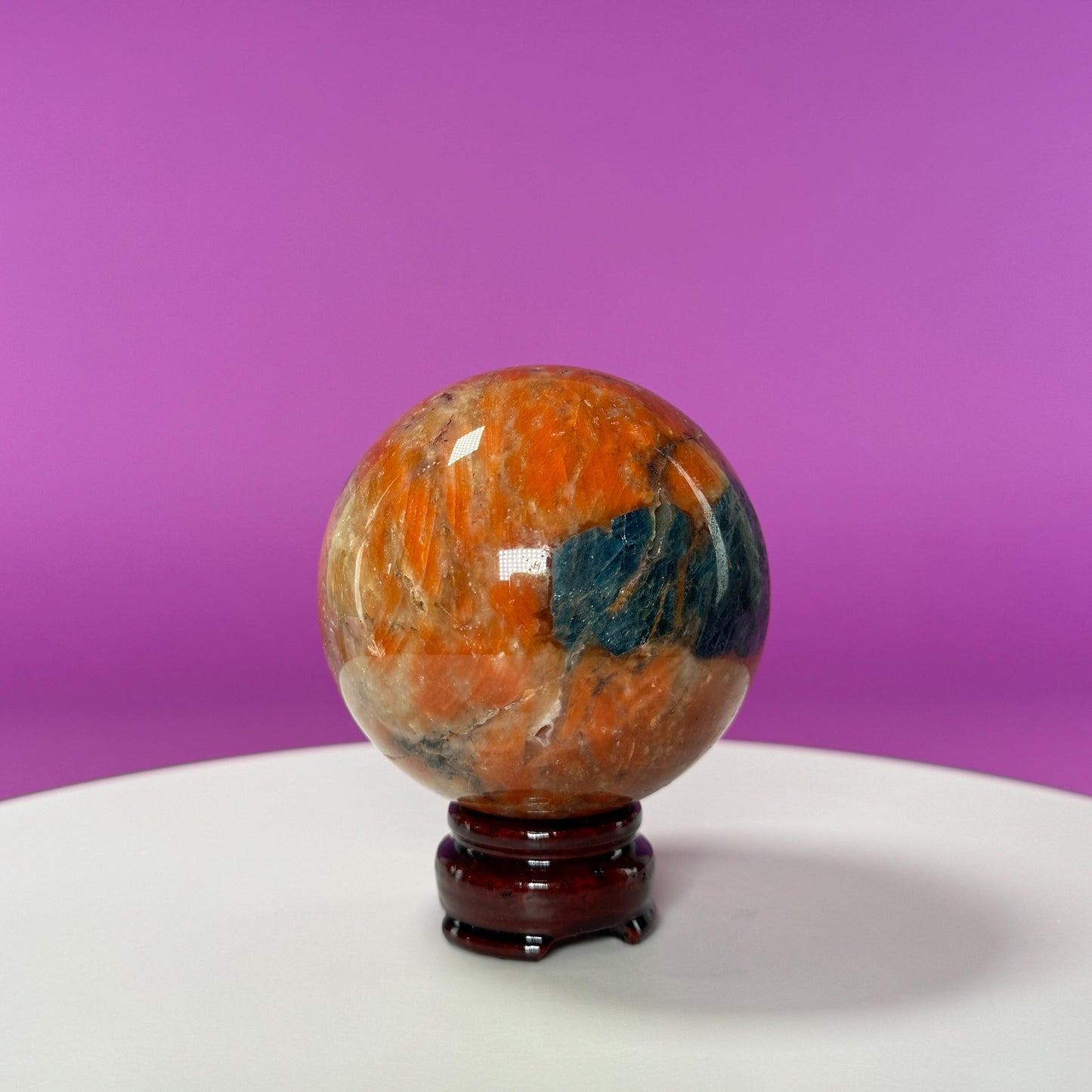 Orange Calcite and Blue Apatite Sphere (Brazil) (Includes Wood Stand)