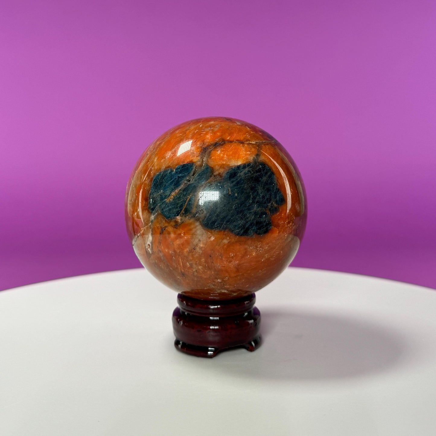 Orange Calcite and Blue Apatite Sphere (Brazil) (Includes Wood Stand)