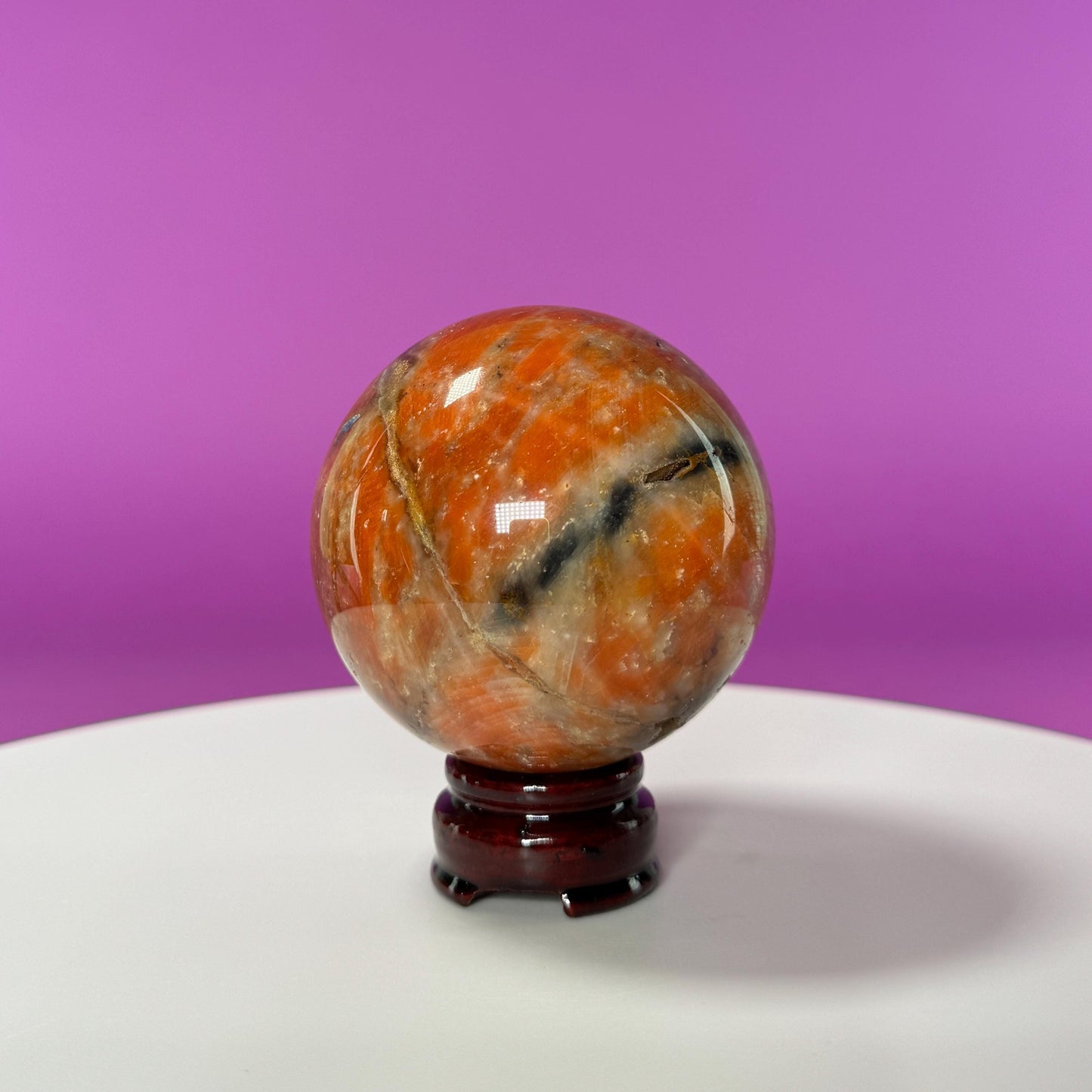 Orange Calcite and Blue Apatite Sphere (Brazil) (Includes Wood Stand)