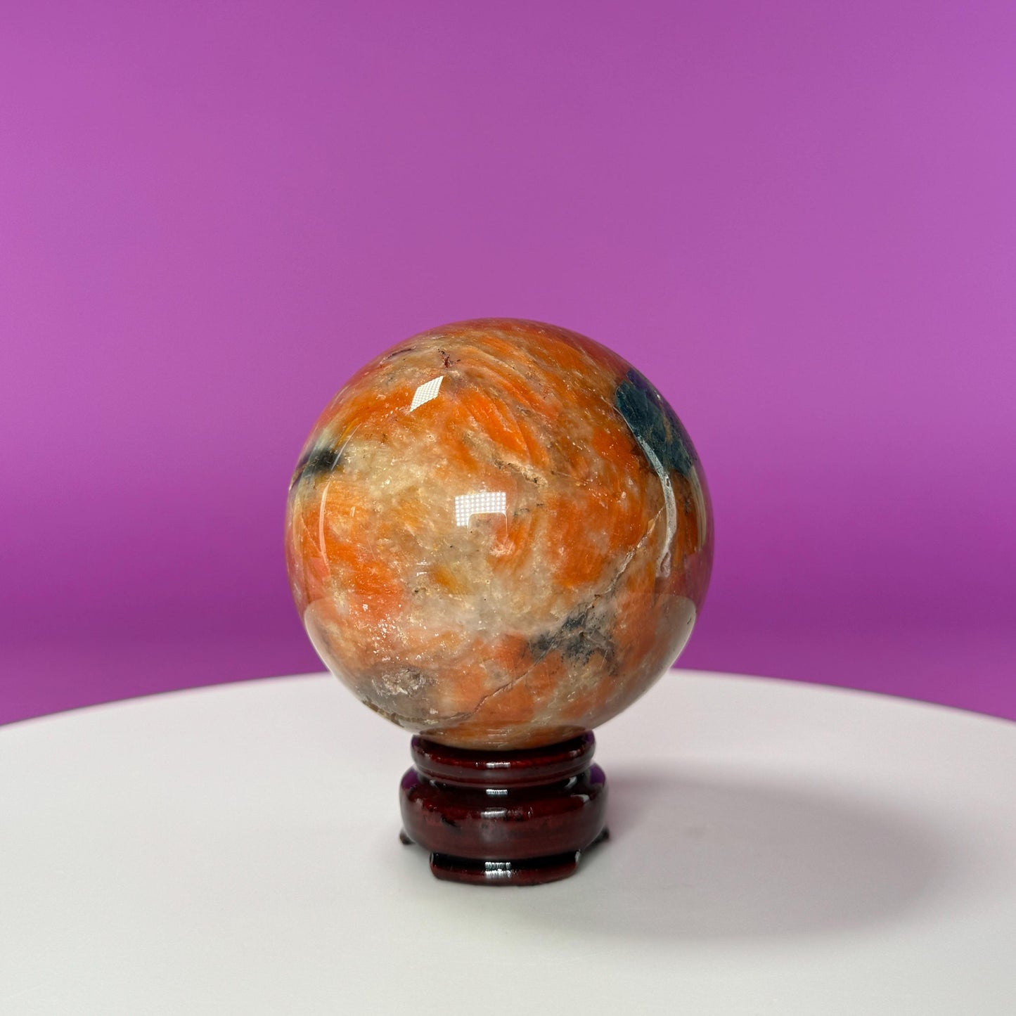 Orange Calcite and Blue Apatite Sphere (Brazil) (Includes Wood Stand)