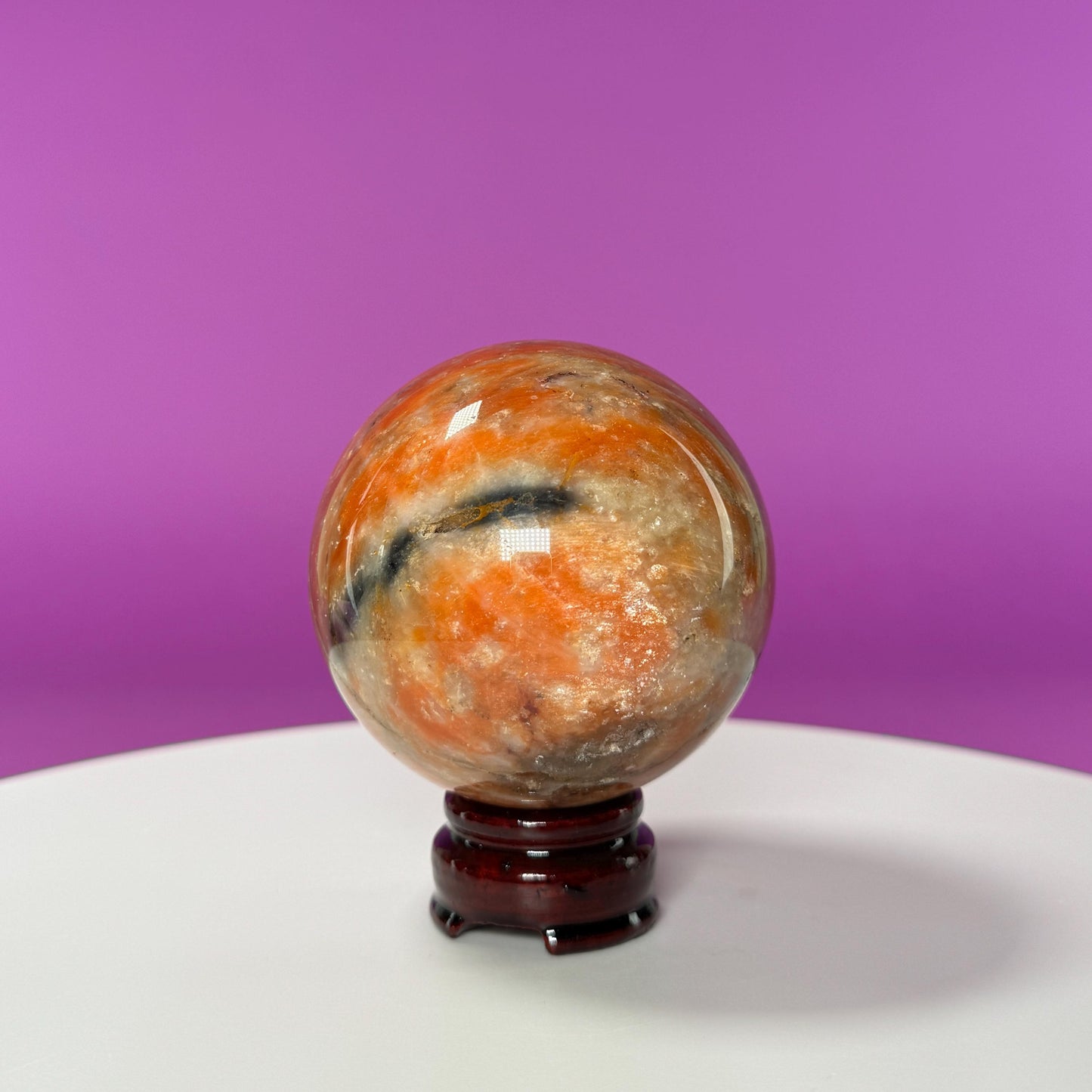 Orange Calcite and Blue Apatite Sphere (Brazil) (Includes Wood Stand)