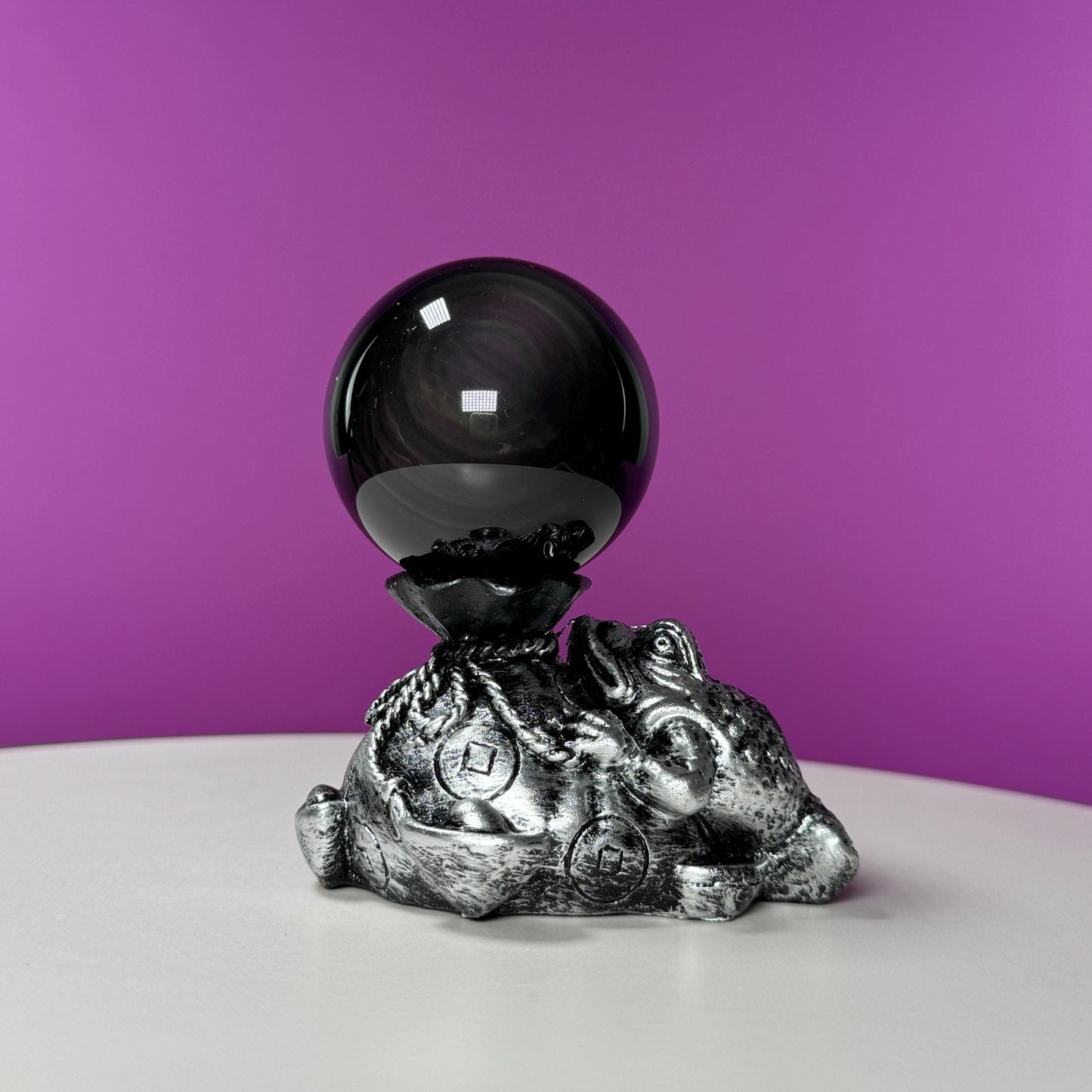 Rainbow Obsidian Sphere and Money Toad Sphere Stand