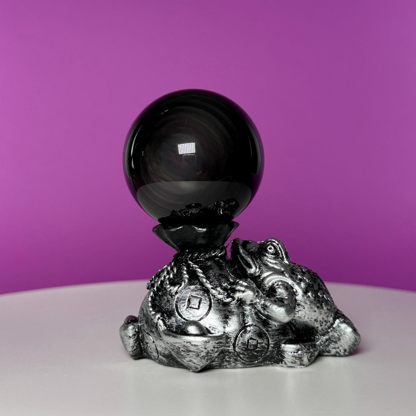 Rainbow Obsidian Sphere and Money Toad Sphere Stand