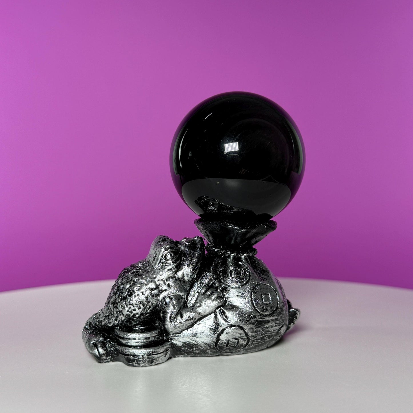 Rainbow Obsidian Sphere and Money Toad Sphere Stand