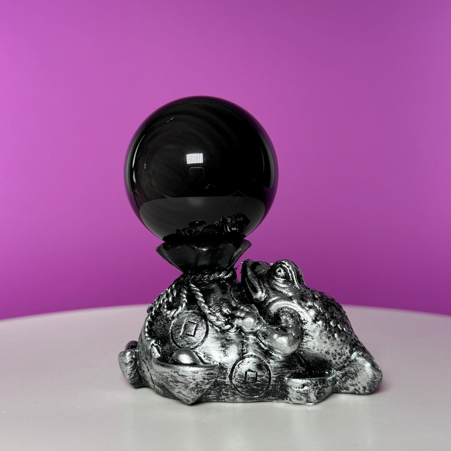 Rainbow Obsidian Sphere and Money Toad Sphere Stand