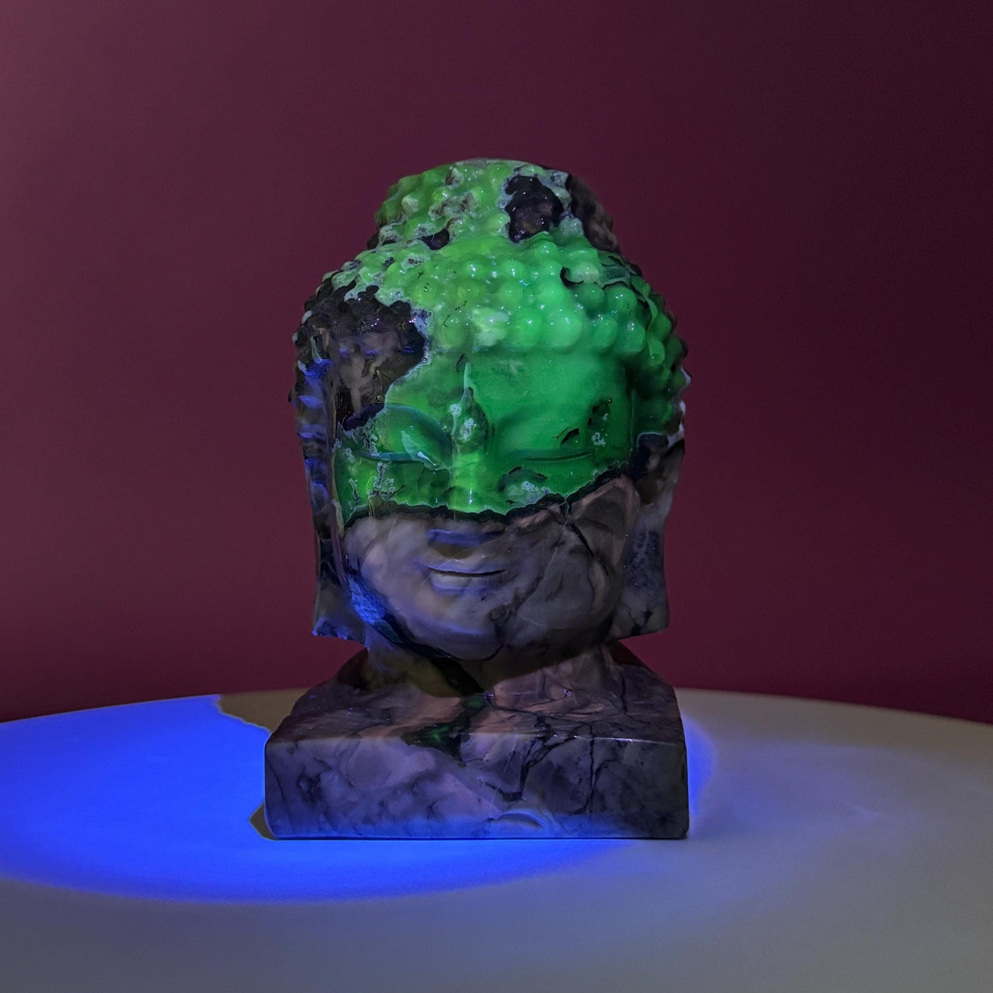 Volcanic Agate Buddha Head Carving, UV Reactive