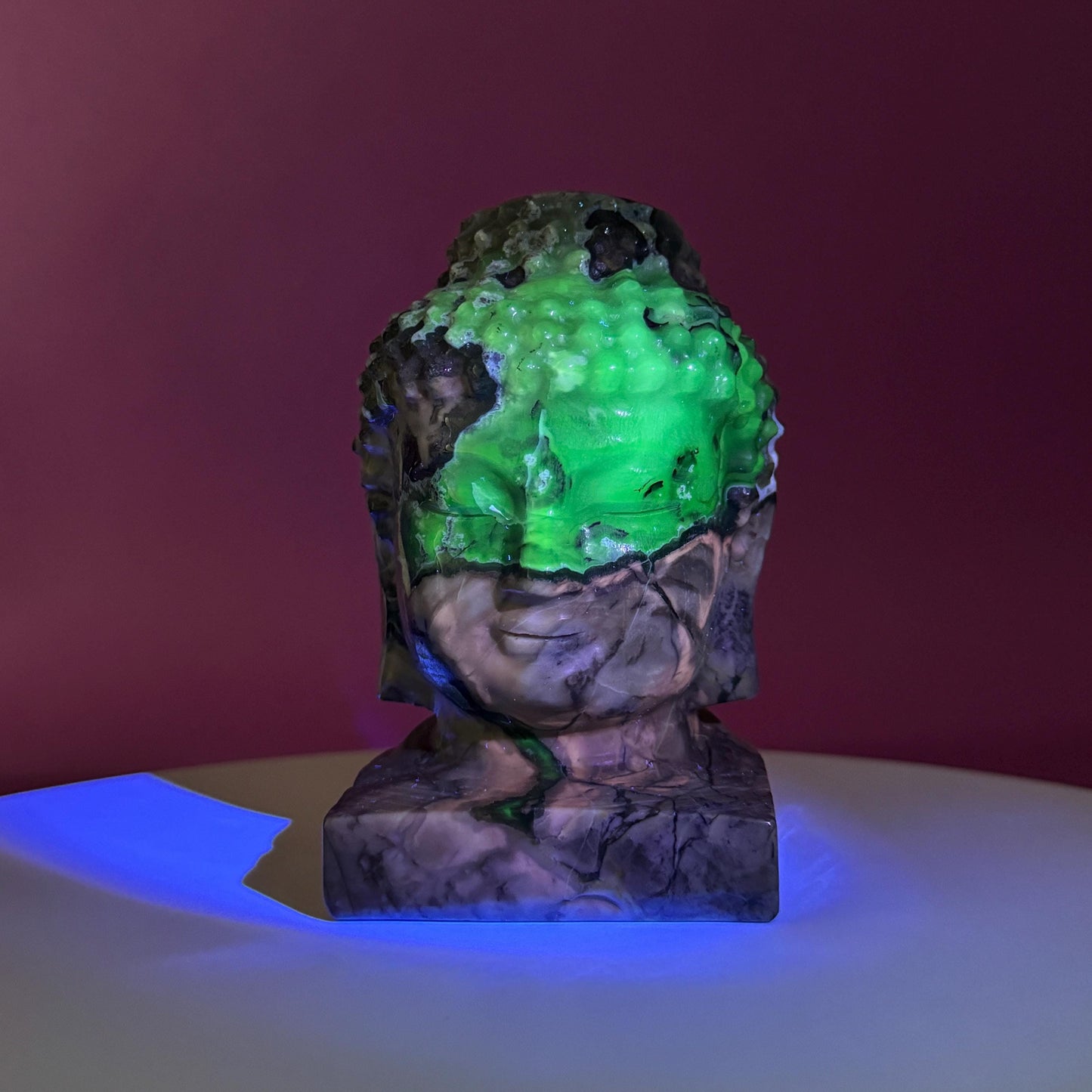 Volcanic Agate Buddha Head Carving, UV Reactive