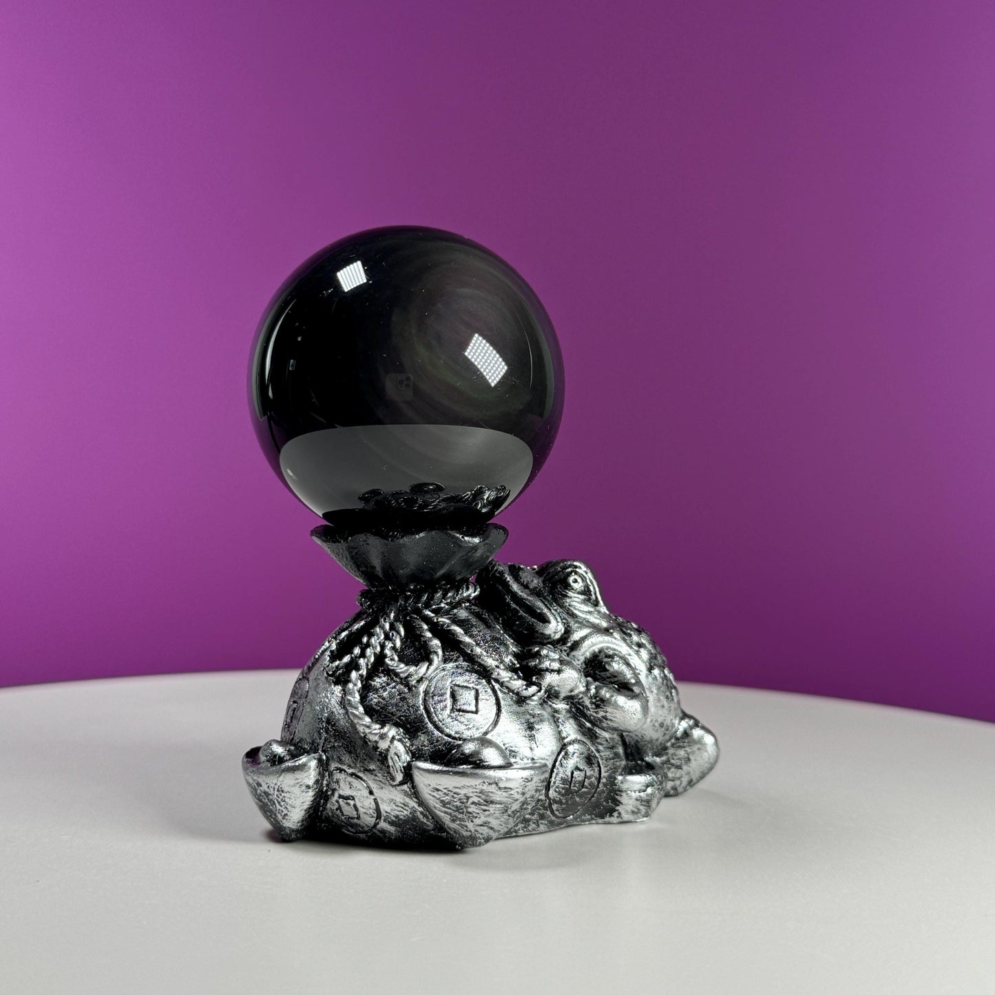 Rainbow Obsidian Sphere and Money Toad Sphere Stand