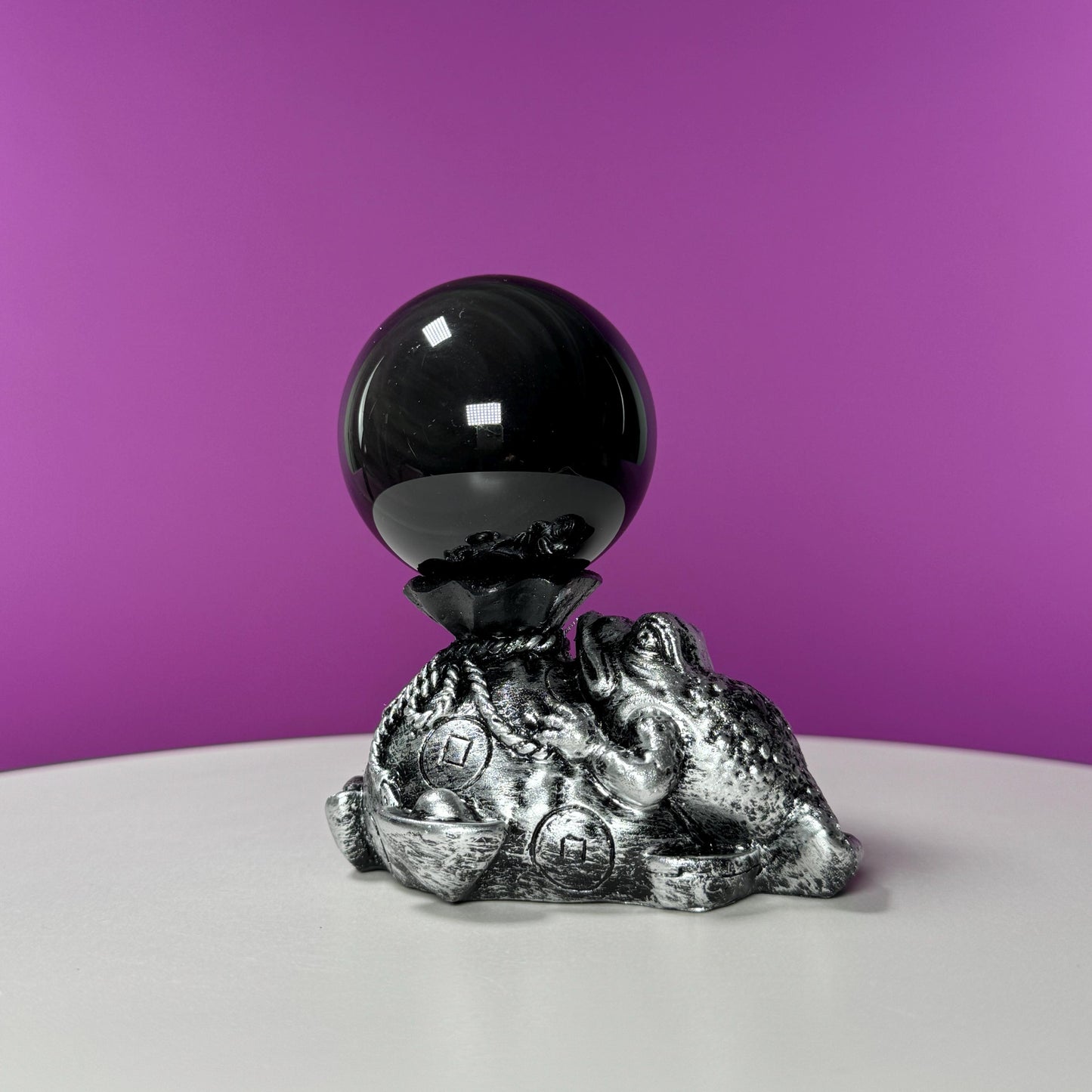 Rainbow Obsidian Sphere and Money Toad Sphere Stand