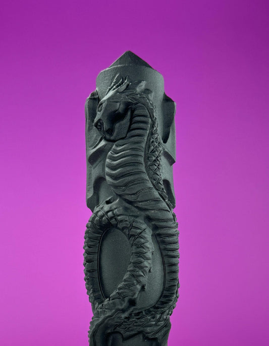 Matte Black Obsidian Dragon Carving Tower