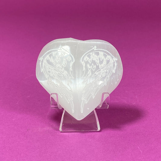 Selenite Heart with Wings and Stand, Carved Crystal