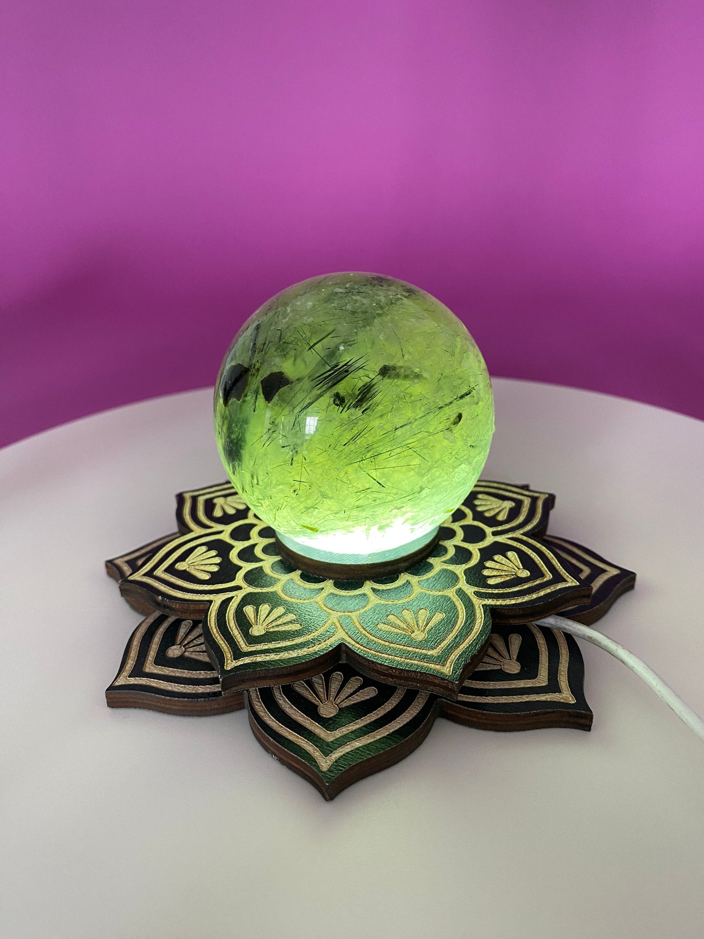 Lotus Mandala Lighted Sphere Stand, LED White Light