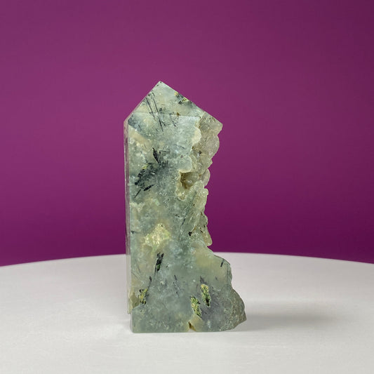 Prehnite Tower with Green Rutiles