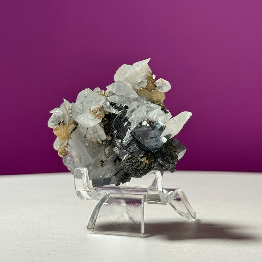 Wolframite, Quartz, Fluorite and Calcite Specimen (Yaogangxian Mine, Hunan China) (Includes Acrylic Stand)