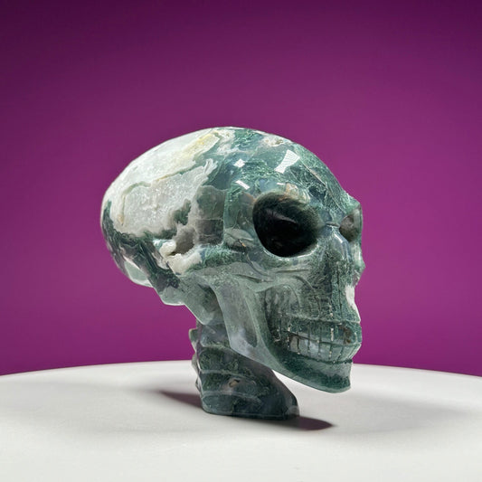 Moss Agate Alien Skull, Large Skull