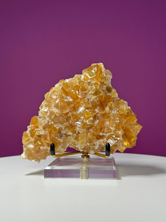 Yellow Calcite Cluster (Fujian, China), (Includes Gold Metal/Acrylic Display Stand)